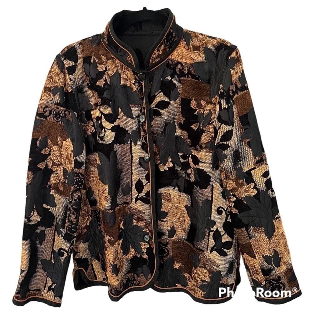 Vintage black & gold brocade style jacket, L, buttons, floral patchwork design.